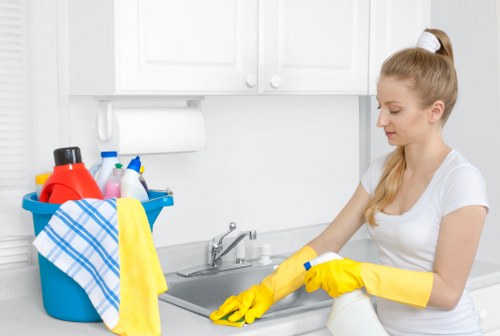 Safety-focused oven cleaning process with gloves, cloths, and appliance checks